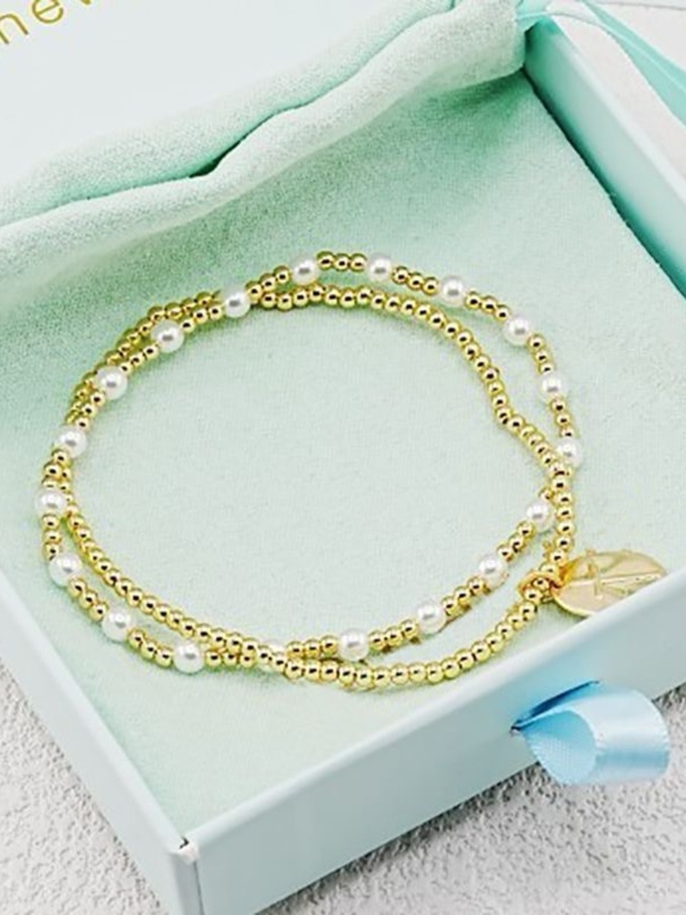 Gold Beaded Double-Wrap Bracelet with White Pearls